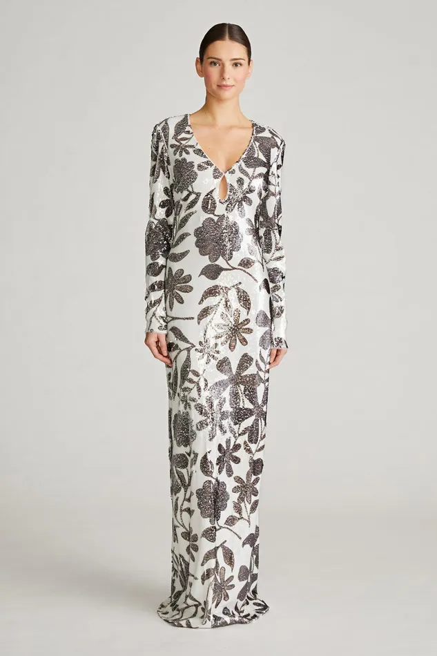 Dresses Women Halston Haru Gown In Daisy Sequin Brown And White Daisy