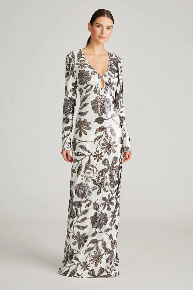 Dresses Women Halston Haru Gown In Daisy Sequin Brown And White Daisy