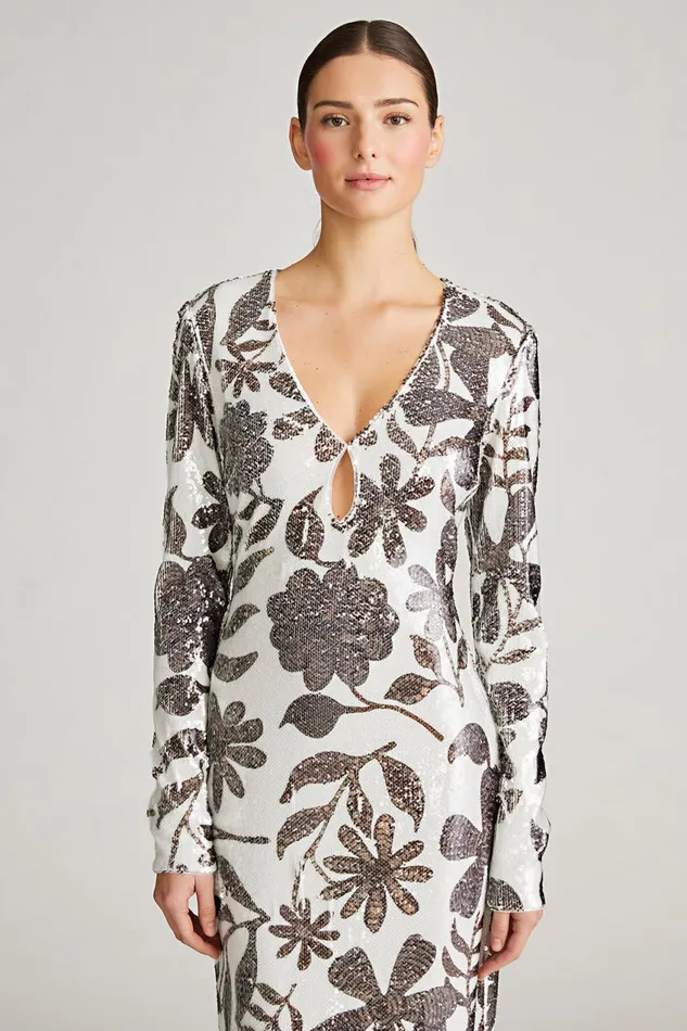 Dresses Women Halston Haru Gown In Daisy Sequin Brown And White Daisy