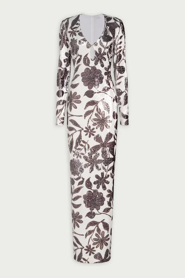 Dresses Women Halston Haru Gown In Daisy Sequin Brown And White Daisy