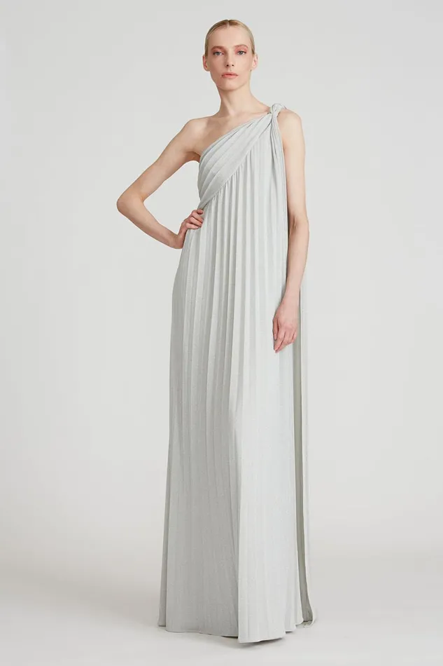 Dresses Women Halston Priya Knit Pleated Gown Silver