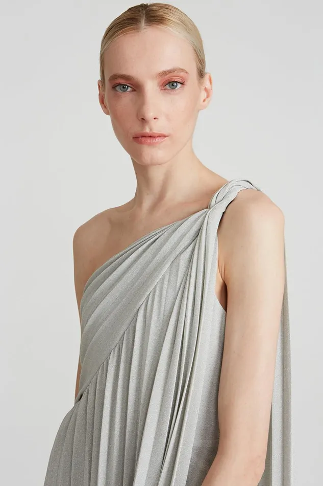 Dresses Women Halston Priya Knit Pleated Gown Silver