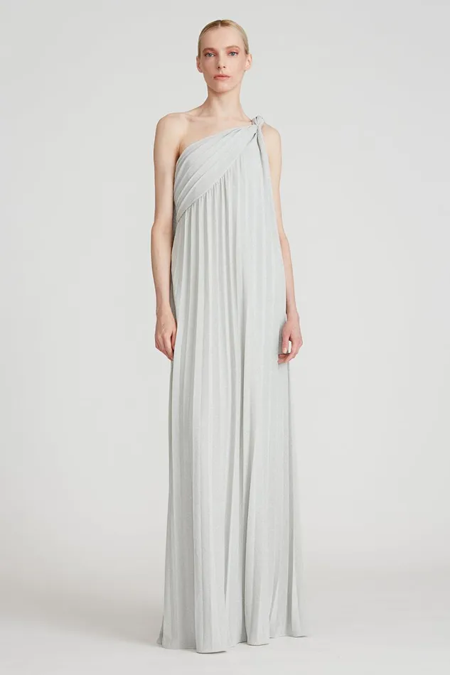 Dresses Women Halston Priya Knit Pleated Gown Silver