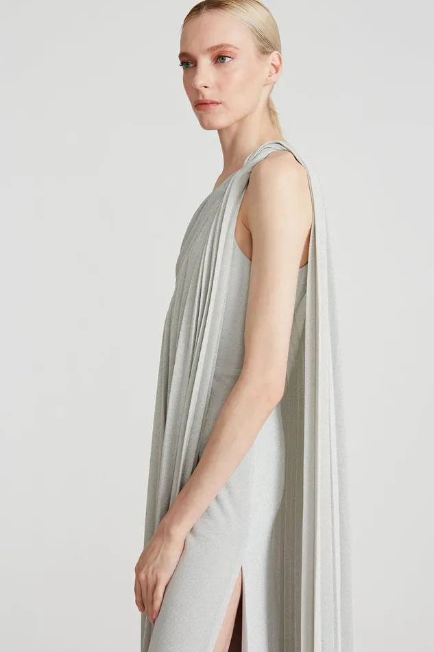 Dresses Women Halston Priya Knit Pleated Gown Silver
