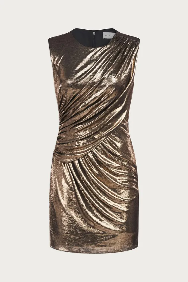 Dresses Women Halston Tiara Dress In Metallic Jersey Antique Gold