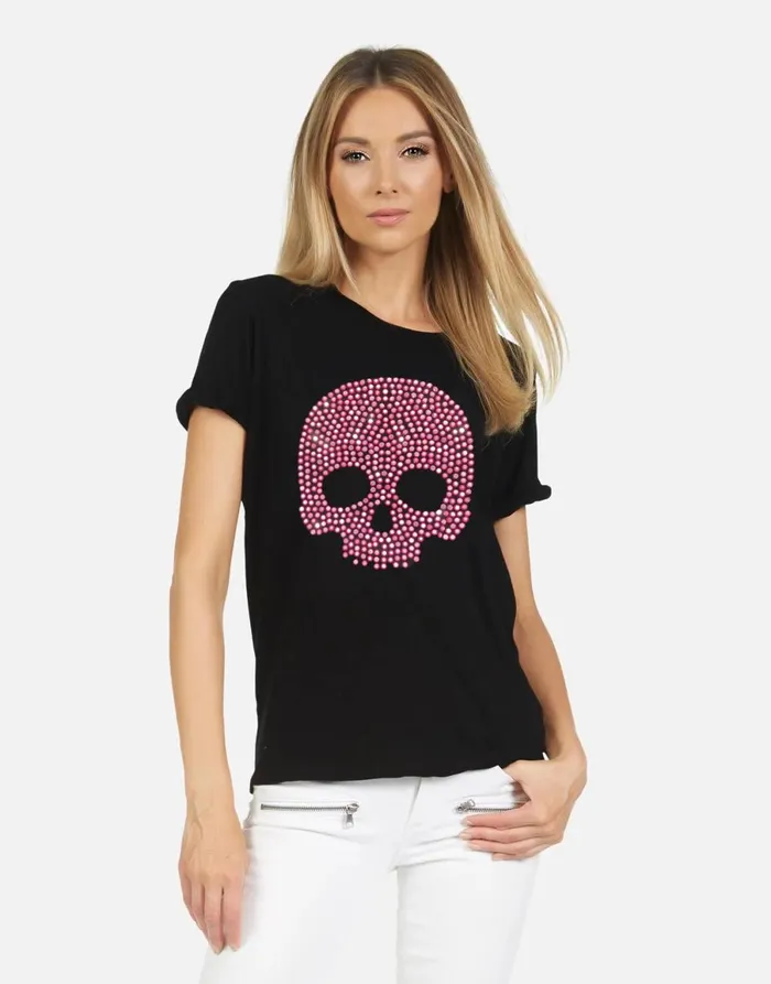 Edda X Pink Stud Skull Black Women039s Lauren Moshi Short Sleeve