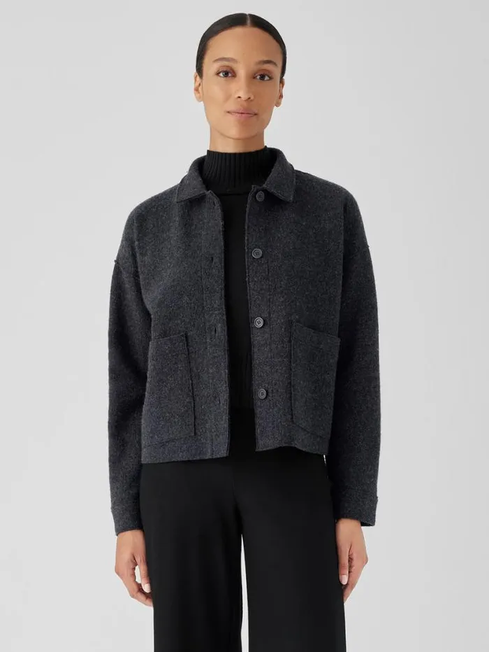 Eileen Fisher Extended Sizing 1X3X Lightweight Boiled Wool Classic Collar Jacket In Regenerative Wool Charcoal 8211 Shop