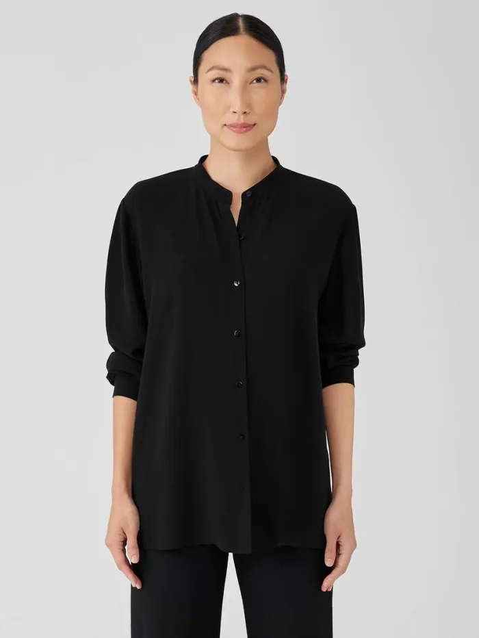 Eileen Fisher Tops and Tees Silk Georgette Crepe Mandarin CollarShirt Black 8211 Shop