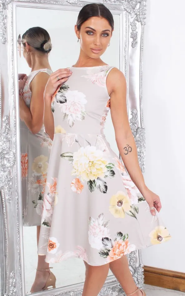 Elisha Grey Floral Sleeveless Skater Dress Women Missfiga Skater Dresses