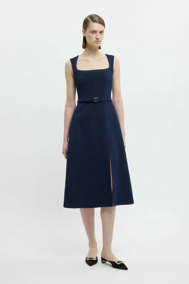Emilia Wickstead Pinah Dress In Dark Navy Cotton Boucle Women Dresses