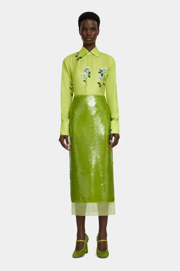 Emilia Wickstead Shirts and Tops Women Indu Shirt Floral Print Shirt in Lime Silk Twill