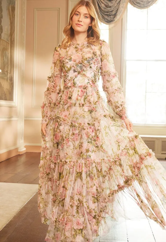 English Rose Diamond Ruffle Gown Pink Women Needle and Thread Dresses
