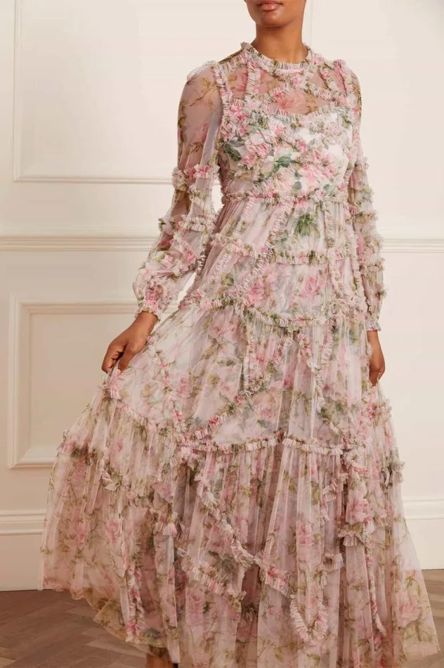 English Rose Diamond Ruffle Gown Pink Women Needle and Thread Dresses