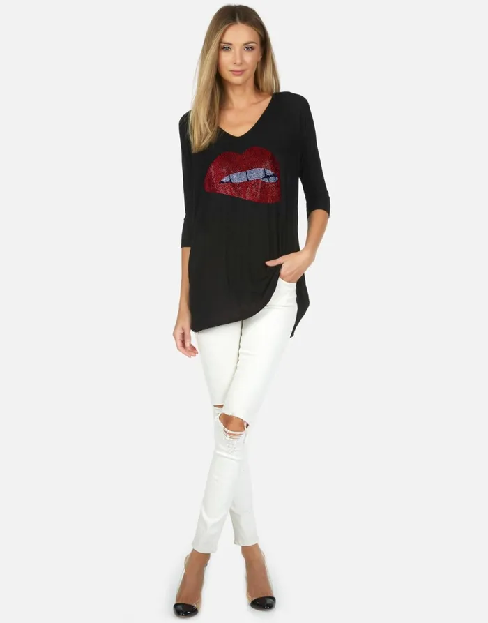 Eva X Crystal Biting Lip Black Women039s Lauren Moshi Long Sleeve