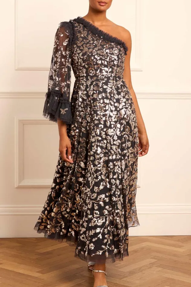 Falling Leaves OneShoulder Ankle Gown Black Women Needle and Thread Dresses