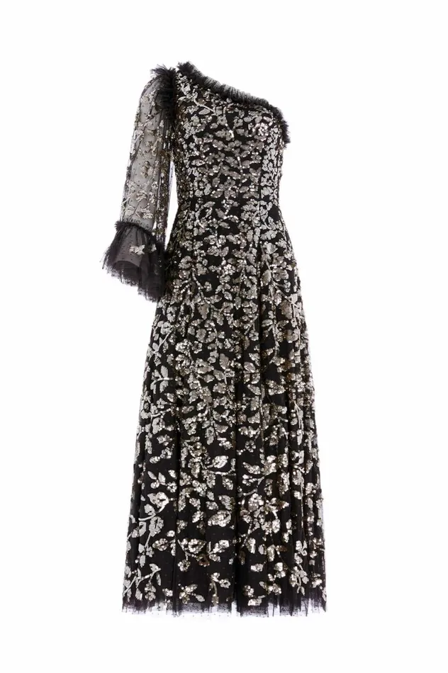 Falling Leaves OneShoulder Ankle Gown Black Women Needle and Thread Dresses
