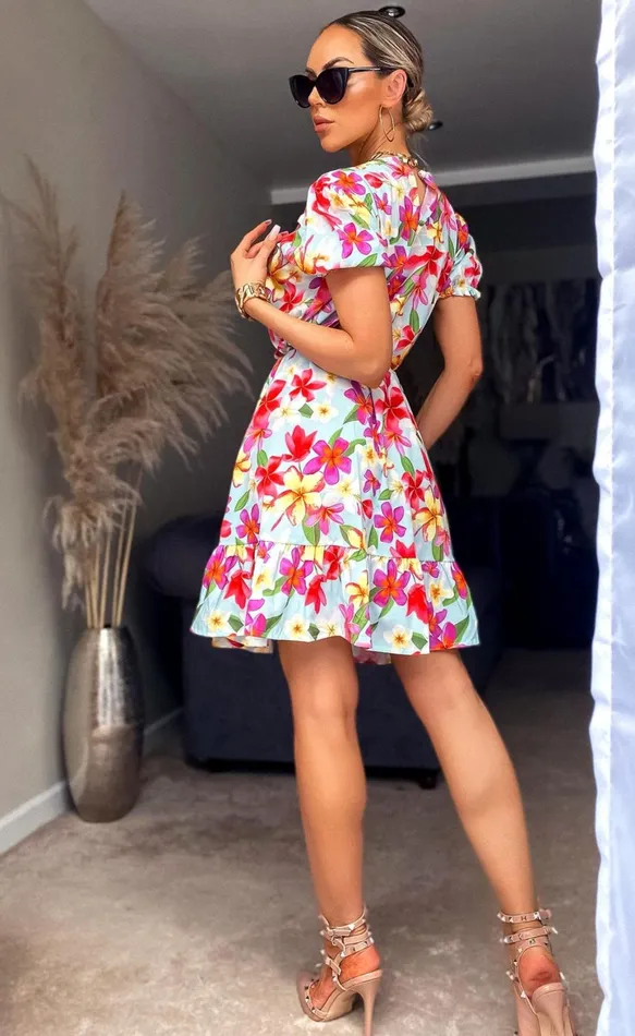 Floral Akira Belted Frill Hem Dress Women Missfiga Skater Dresses