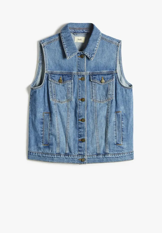 Hush Jackets and Coats Women Sleeveless Denim Jacket Light Blue Wash