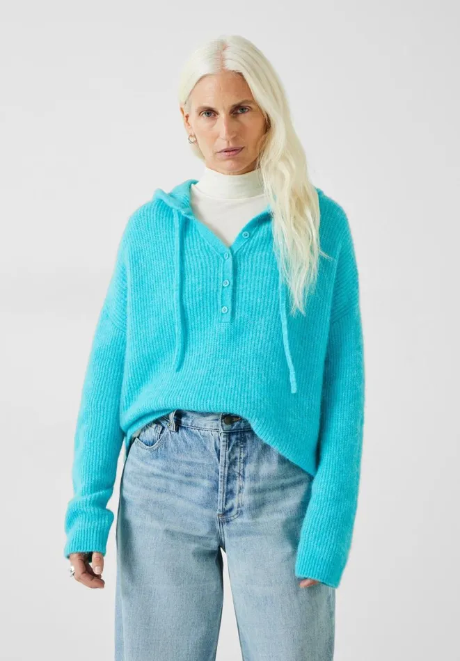 Hush Jumpers and Cardigans Women Halle Ribbed Wool Blend Hoodie Turquoise Blue