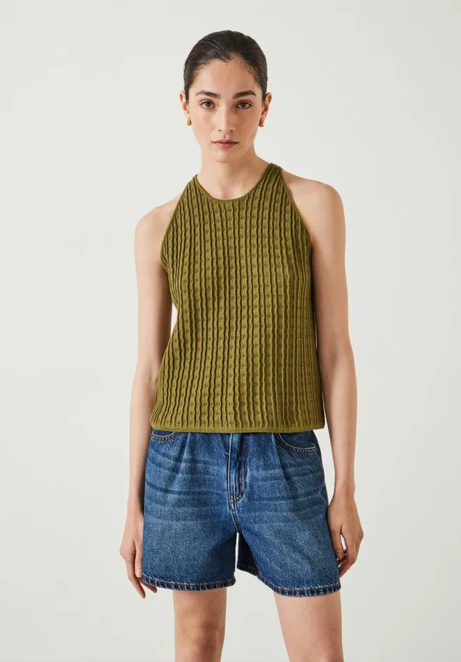 Hush Tops and Tshirts Women Cadi Wave Stitched Knitted Vest Top Olive Green