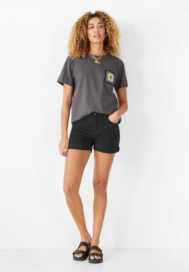 Hush Tops and Tshirts Women Crochet Pocket Relaxed TShirt Washed Blackmulti