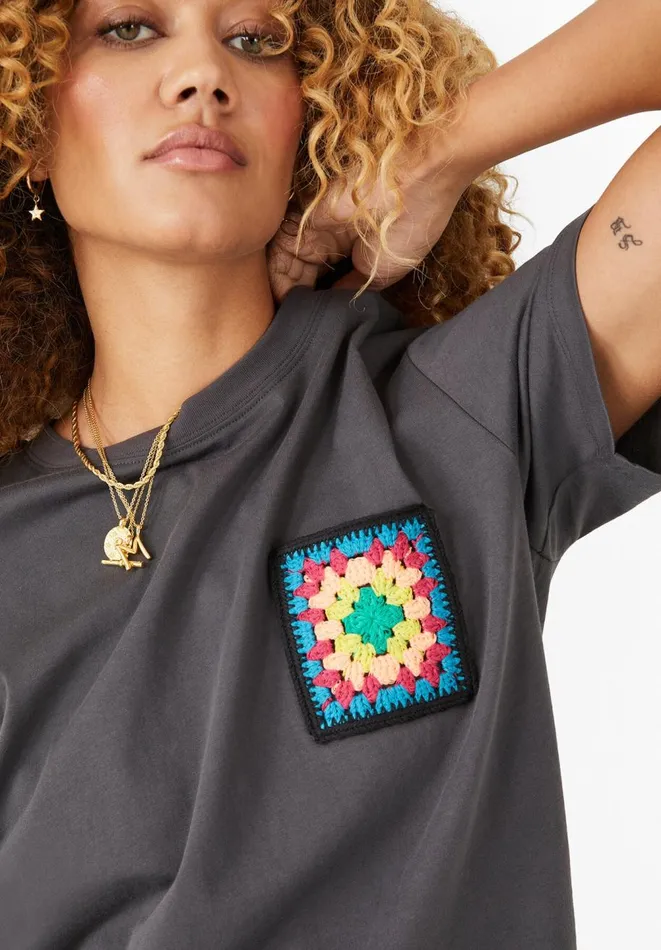 Hush Tops and Tshirts Women Crochet Pocket Relaxed TShirt Washed Blackmulti Hush Tops and Tshirts Women Crochet Pocket Relaxed TShirt Washed Blackmulti