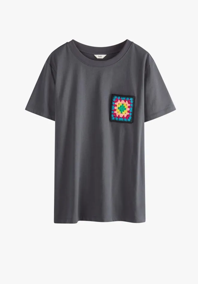 Hush Tops and Tshirts Women Crochet Pocket Relaxed TShirt Washed Blackmulti Hush Tops and Tshirts Women Crochet Pocket Relaxed TShirt Washed Blackmulti