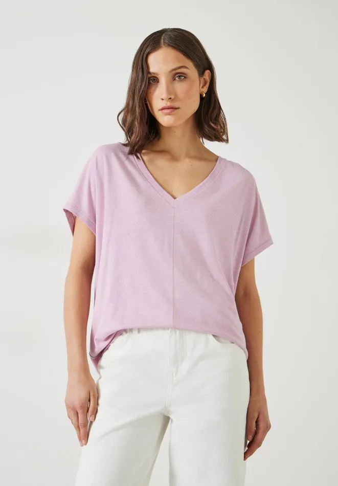 Hush Tops and Tshirts Women Danny Linen VNeck TShirt Light Lilac