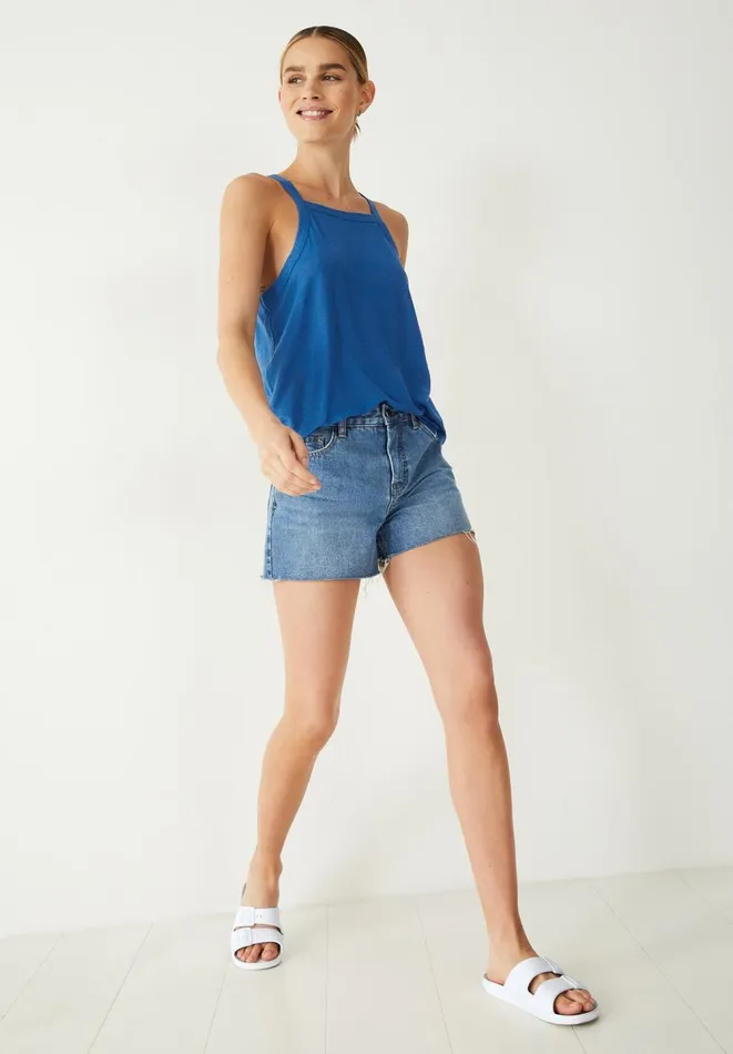 Hush Tops and Tshirts Women Halter Neck Linen Blend Vest Bright Blue
