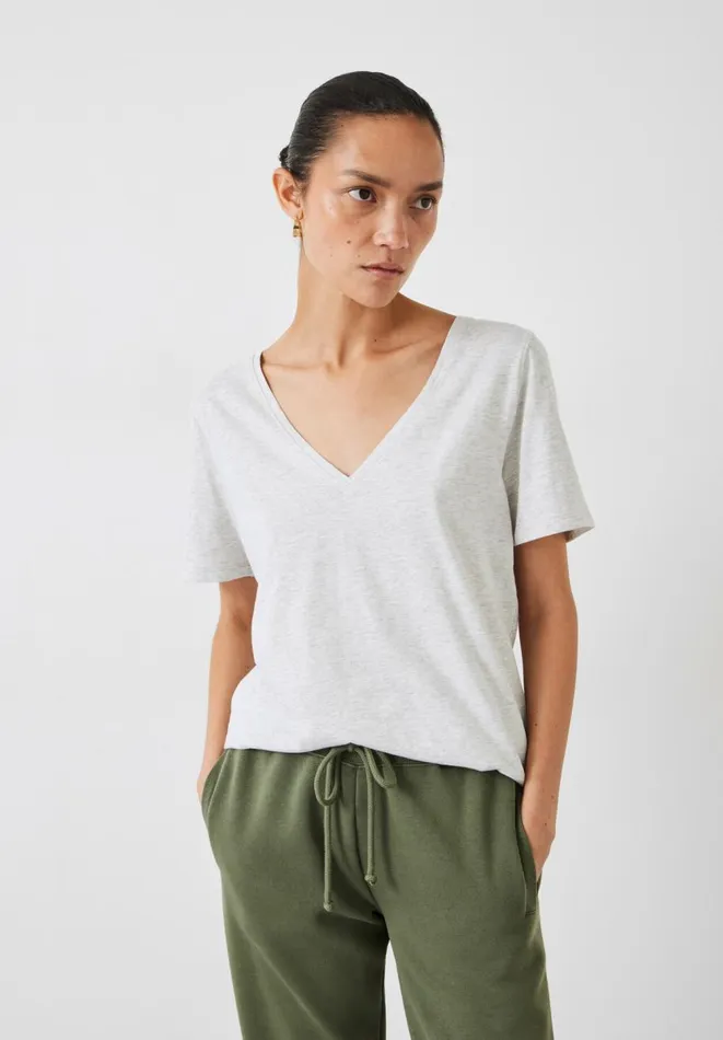 Hush Tops and Tshirts Women Kali Cotton Slub VNeck TShirt Lightest Grey Marl