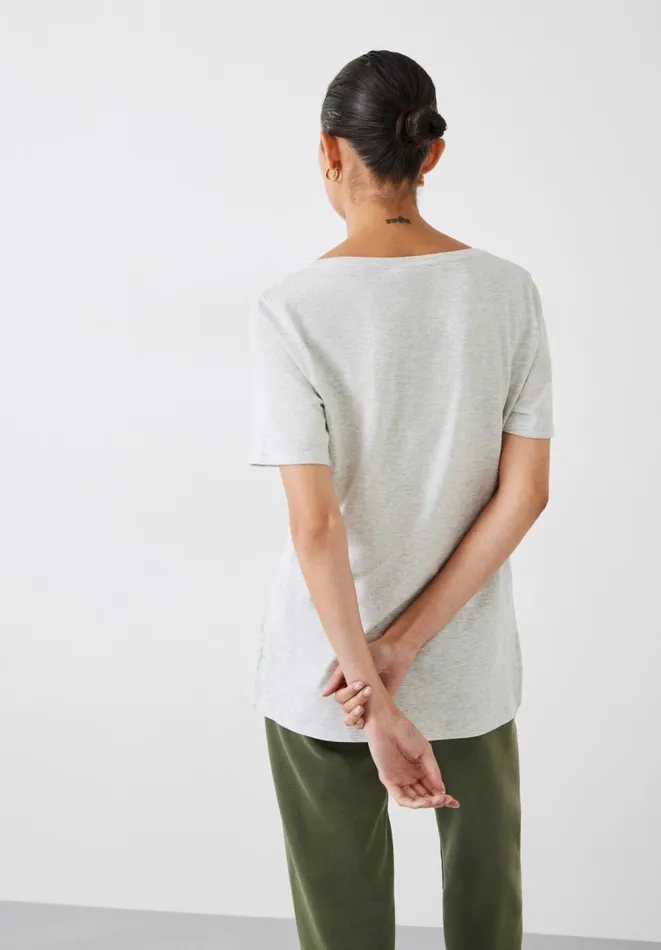 Hush Tops and Tshirts Women Kali Cotton Slub VNeck TShirt Lightest Grey Marl