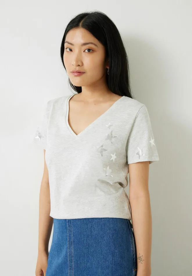 Hush Tops and Tshirts Women Star VNeck Cotton Slub TShirt Lightest Grey Marl