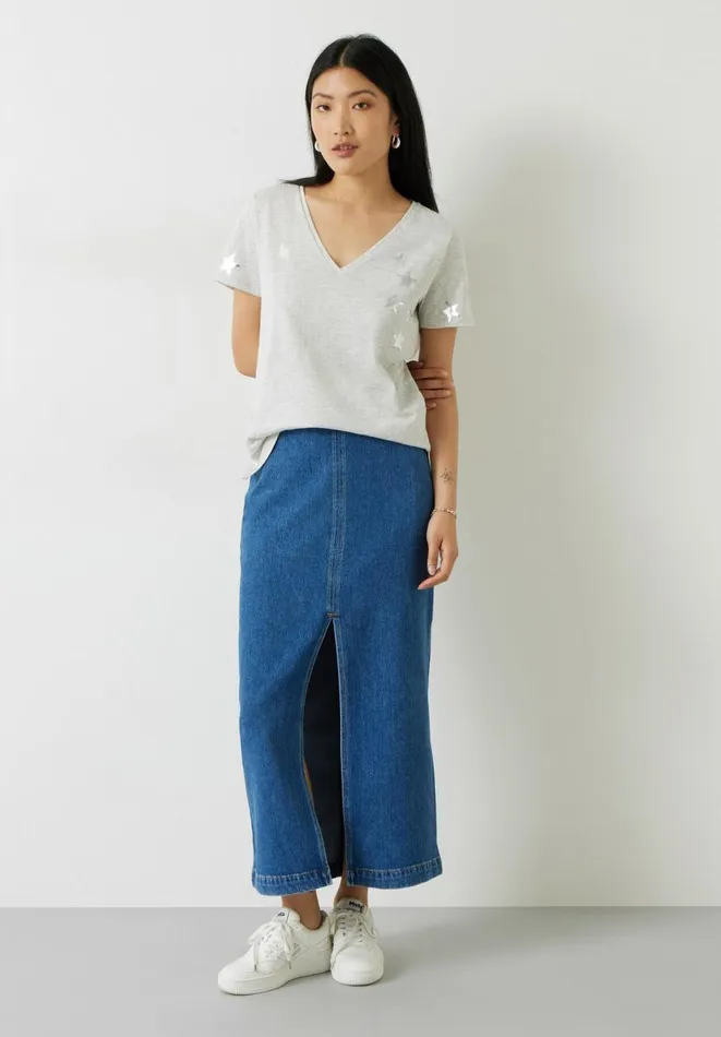 Hush Tops and Tshirts Women Star VNeck Cotton Slub TShirt Lightest Grey Marl