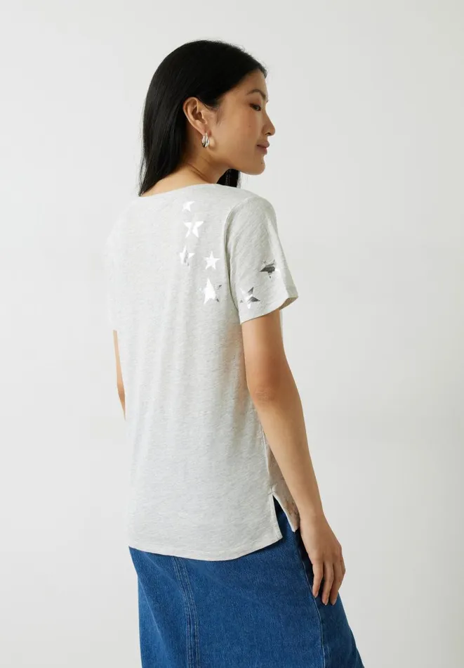 Hush Tops and Tshirts Women Star VNeck Cotton Slub TShirt Lightest Grey Marl