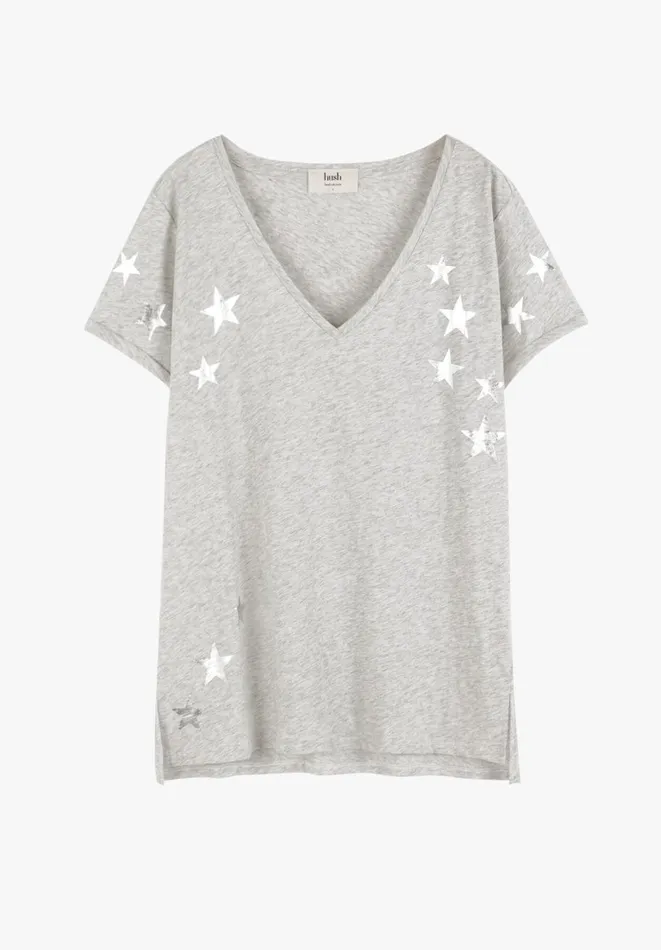 Hush Tops and Tshirts Women Star VNeck Cotton Slub TShirt Lightest Grey Marl