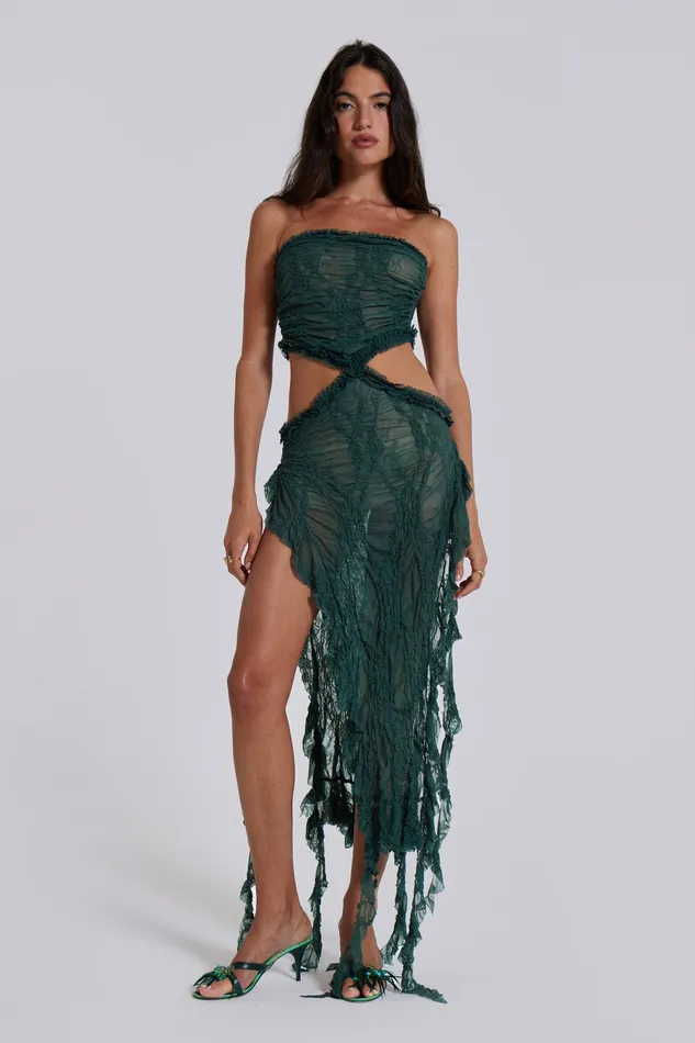 Jaded London Dresses Women Shop Gaia Scrunch Lace Midi Dress in Forest Green