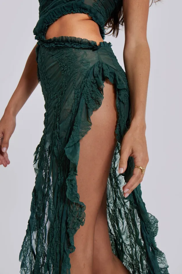 Jaded London Dresses Women Shop Gaia Scrunch Lace Midi Dress in Forest Green