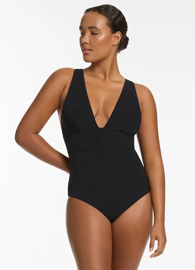 Jetset Plunge Tie Back One Piece Black Women JETS Australia Plunge One Piece