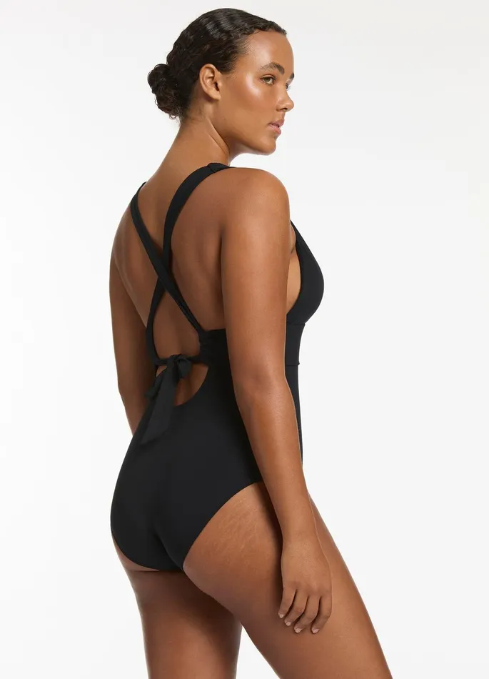 Jetset Plunge Tie Back One Piece Black Women JETS Australia Plunge One Piece