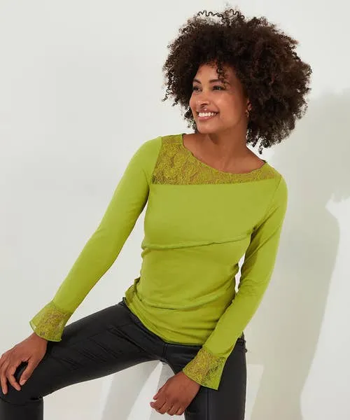 Joebrowns Josie Lace Trim Top BlackGreen Apparel Tops Tunics and Blouses