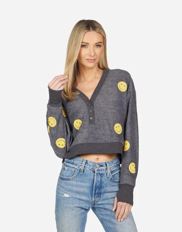 Kathryn All Over Yellow Smiley Charcoal Women039s Lauren Moshi Long Sleeve
