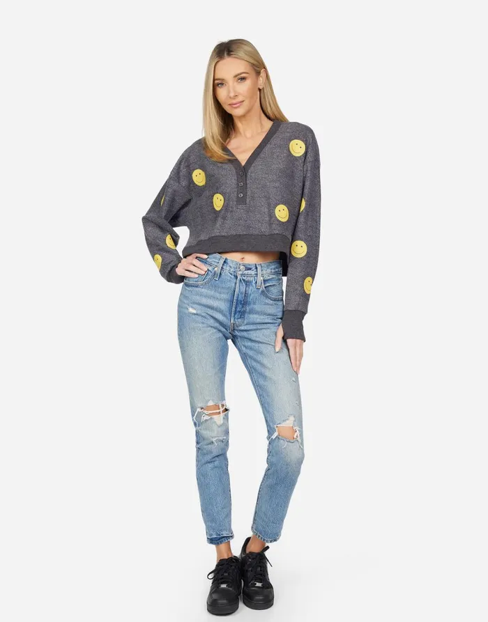Kathryn All Over Yellow Smiley Charcoal Women039s Lauren Moshi Long Sleeve