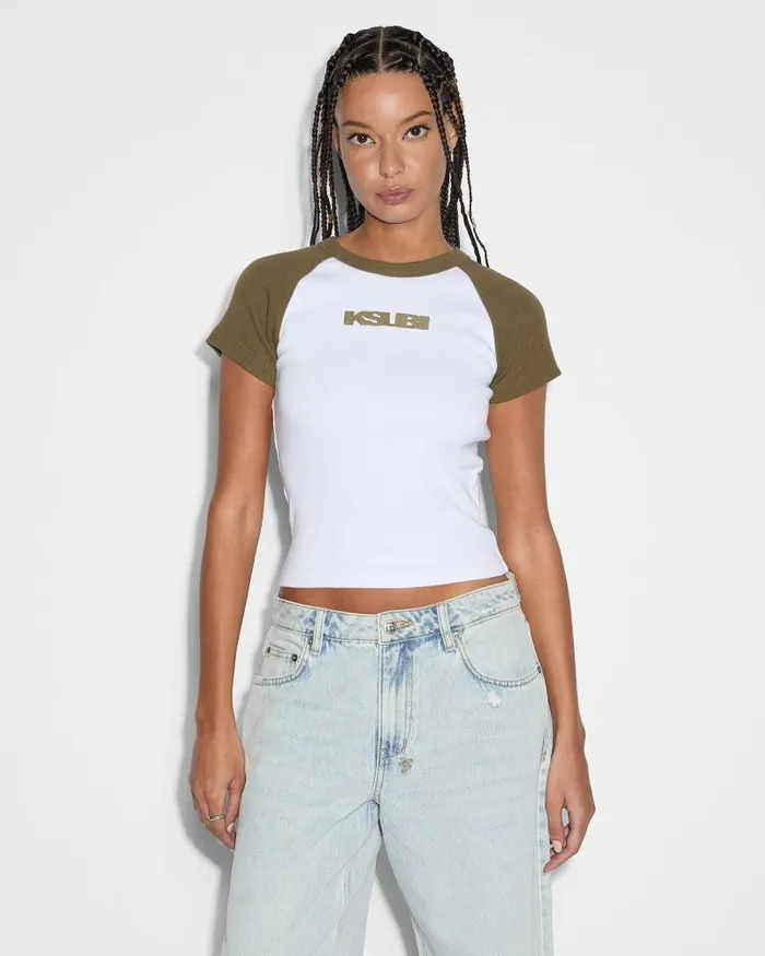 Ksubi Ksb Baby Ringer Ss Tee Khakiwhite Womens Tops