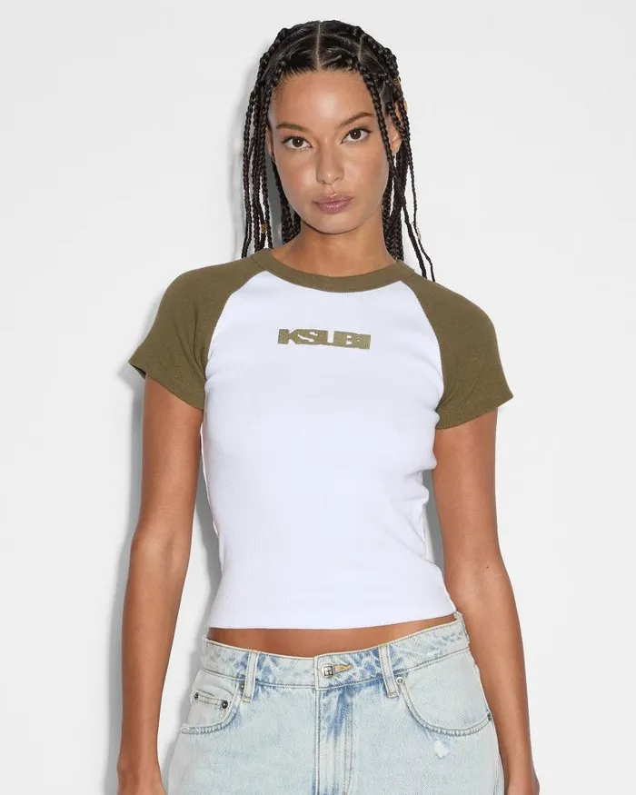 Ksubi Ksb Baby Ringer Ss Tee Khakiwhite Womens Tops