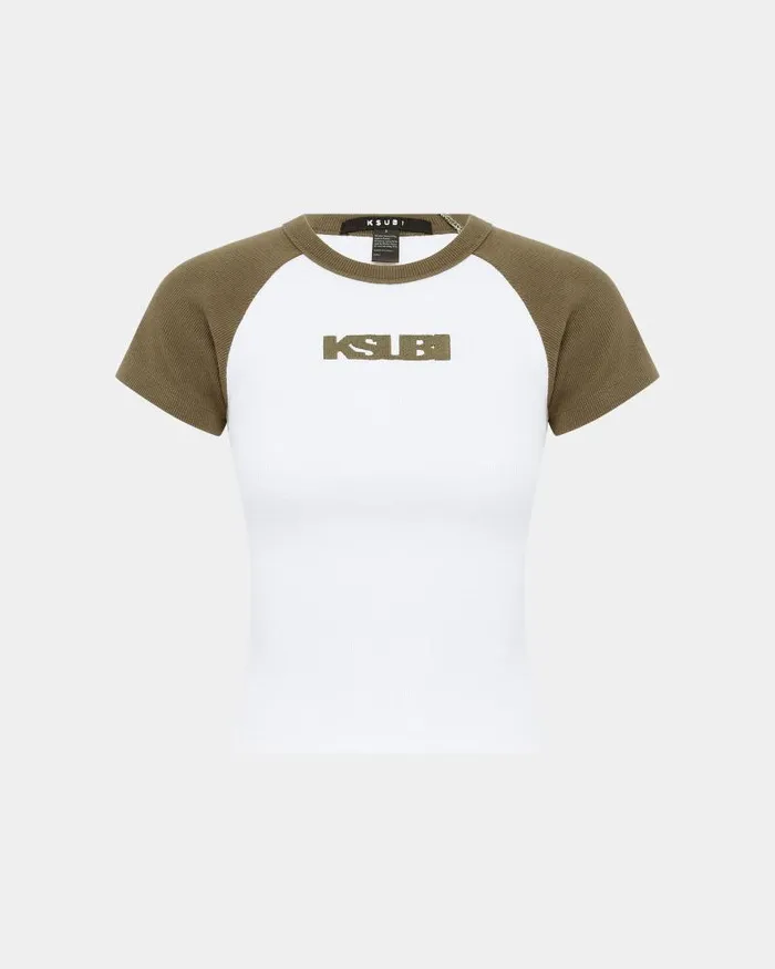 Ksubi Ksb Baby Ringer Ss Tee Khakiwhite Womens Tops