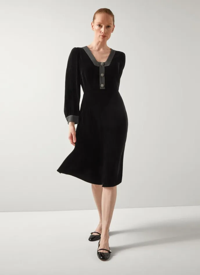 LKBennett Dresses Women Cordelia Black Black Velvet Satin Trim Dress