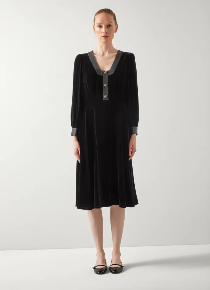 LKBennett Dresses Women Cordelia Black Black Velvet Satin Trim Dress LKBennett Dresses Women Cordelia Black Black Velvet Satin Trim Dress