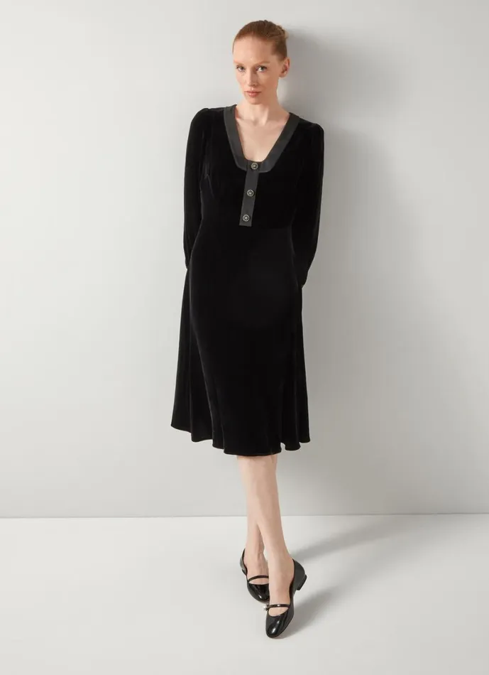 LKBennett Dresses Women Cordelia Black Black Velvet Satin Trim Dress LKBennett Dresses Women Cordelia Black Black Velvet Satin Trim Dress