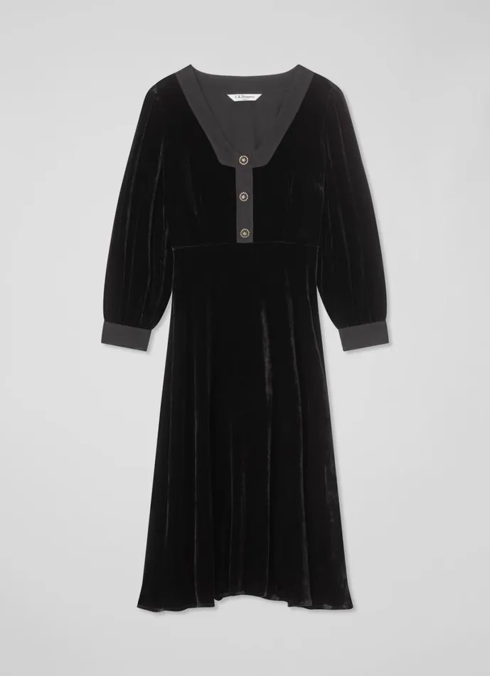 LKBennett Dresses Women Cordelia Black Black Velvet Satin Trim Dress LKBennett Dresses Women Cordelia Black Black Velvet Satin Trim Dress