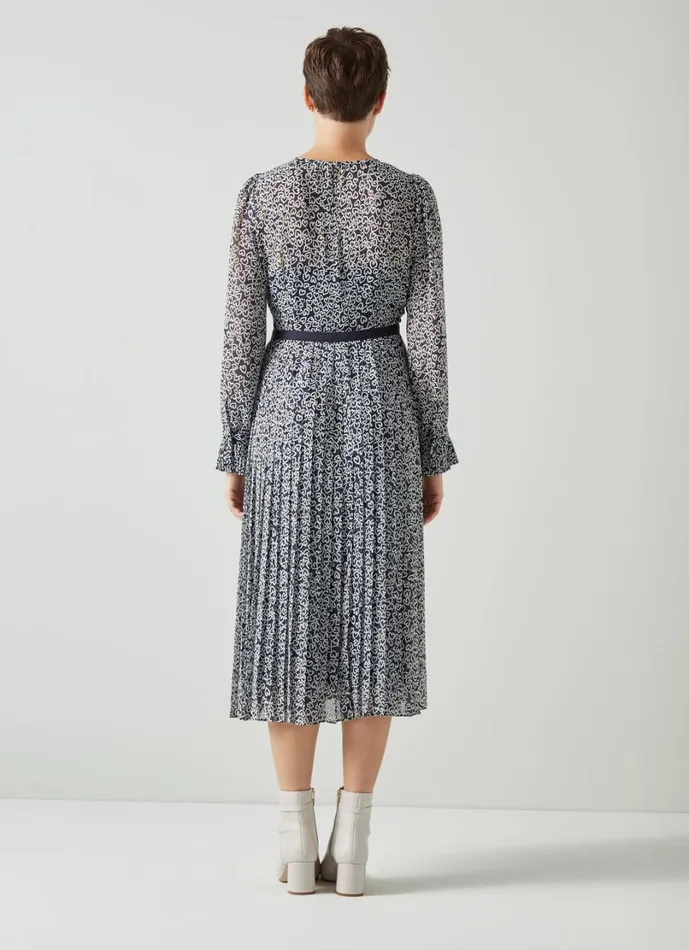 LKBennett Dresses Women Estelle Navy And Cream Heart Print Pleated Dress LKBennett Dresses Women Estelle Navy And Cream Heart Print Pleated Dress